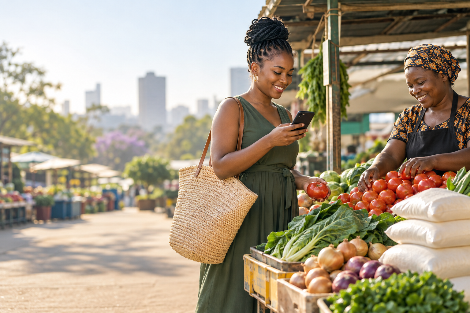 A shopper using her phone at a fresh produce market in Harare